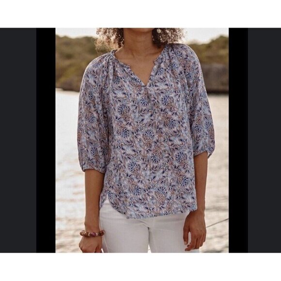 J. Jill Love Linen Sz S V Neck Purple Lotus Vines 100% Linen Peasant Top Blouse - Picture 1 of 13